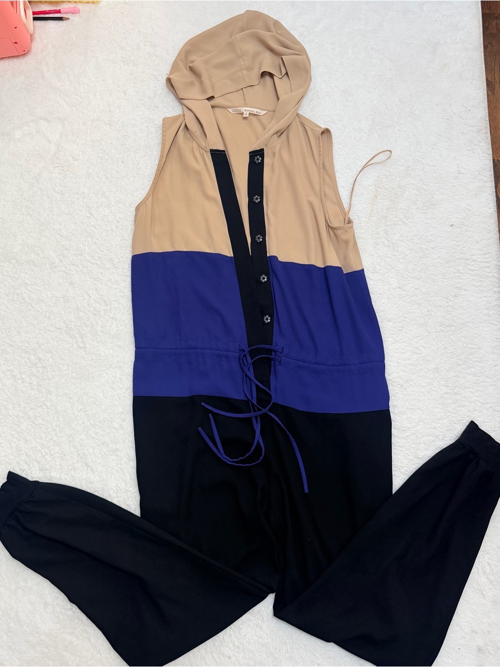 Rachel Roy women's beige blue black color block gorgeous hooded jumpsuit size M
